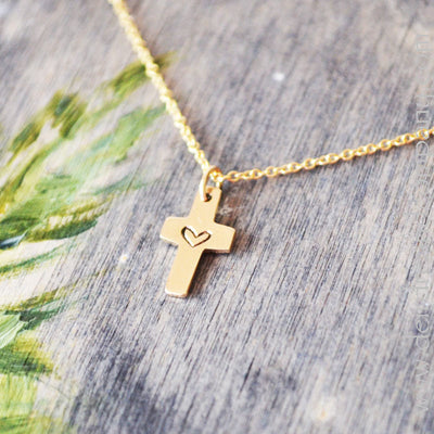 14K Gold Cross with Heart - Hand Cut