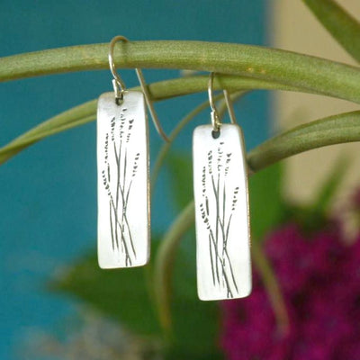 STERLING SILVER WEED GRASS EARRINGS, LONG RECTANGLE EARRINGS WITH TALL GRASSES ETCHED ON FRONTS - 1 1/8" LONG